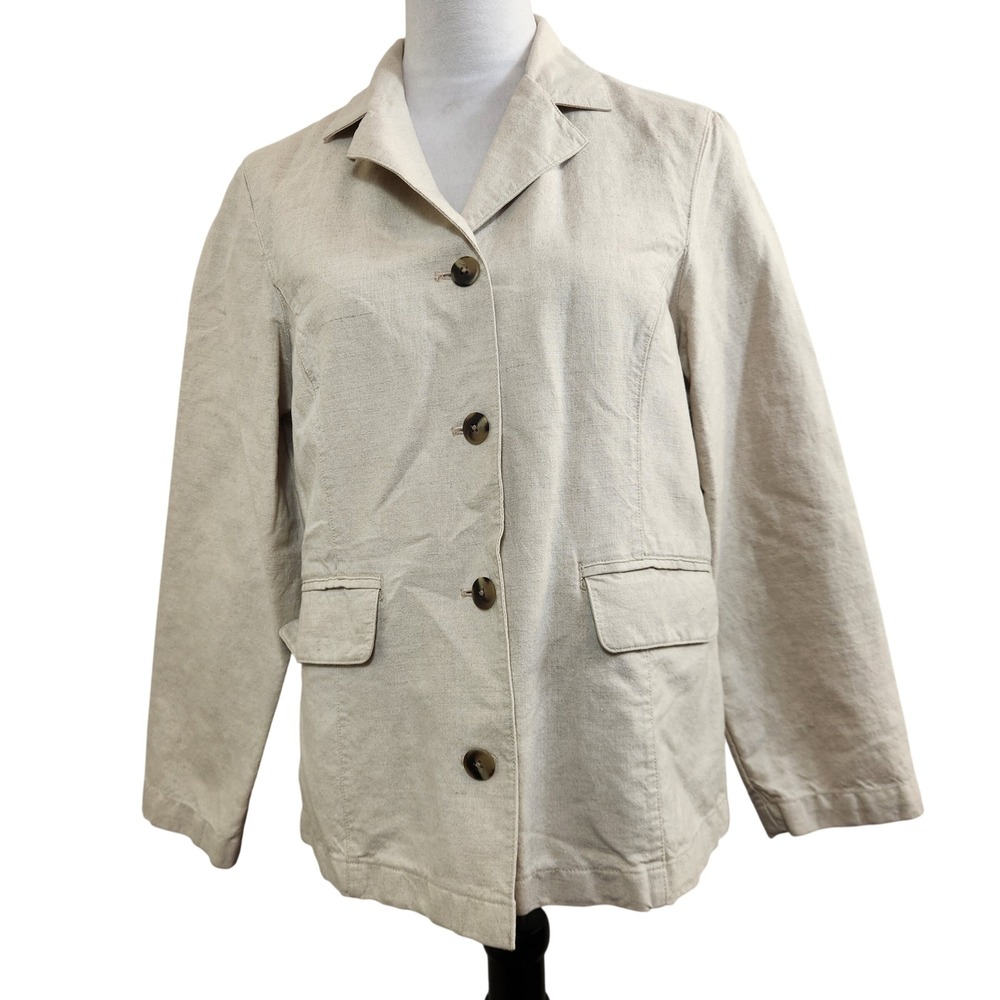 L.L.Bean‎ Womens Petite Blazer Size 10P Linen Blend Button Front Career Jacket